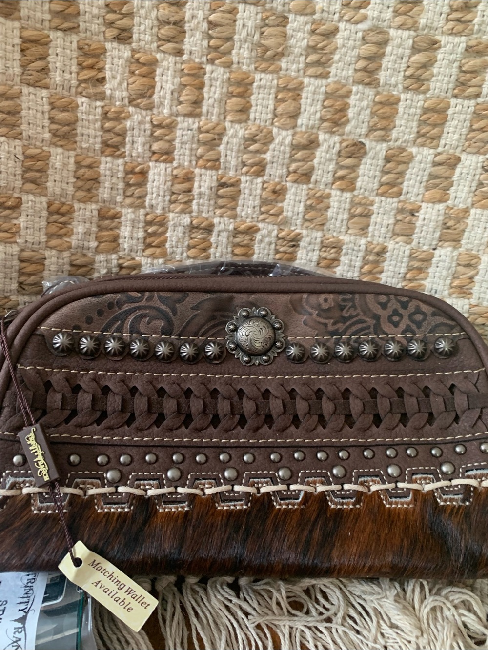 Trinity Brown Woven Studded Fringe Cosmetic Clutch
